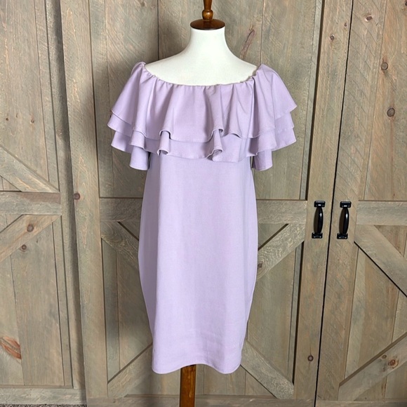 Pink blush mauve pink layered ruffle off shoulder fitted maternity dress Large - Picture 6 of 11